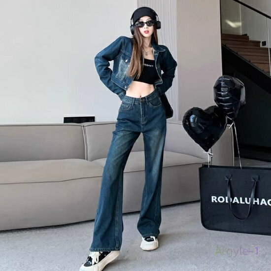 デニムセットアップ レディース 2点セット 上下セット デニムジャケット Gジャン 羽織 長袖 襟あり クロップド丈 ロングパンツ ジーパン ハイウエスト カジ...