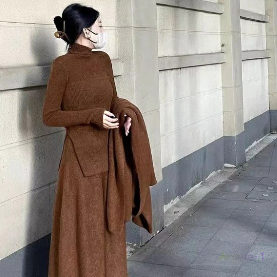 ニットセットアップ レディース 上下セット 2点セット ツーピース セーター プルオーバー タートルネック 長袖 スリット ロングスカート マキシ丈スカート シ...