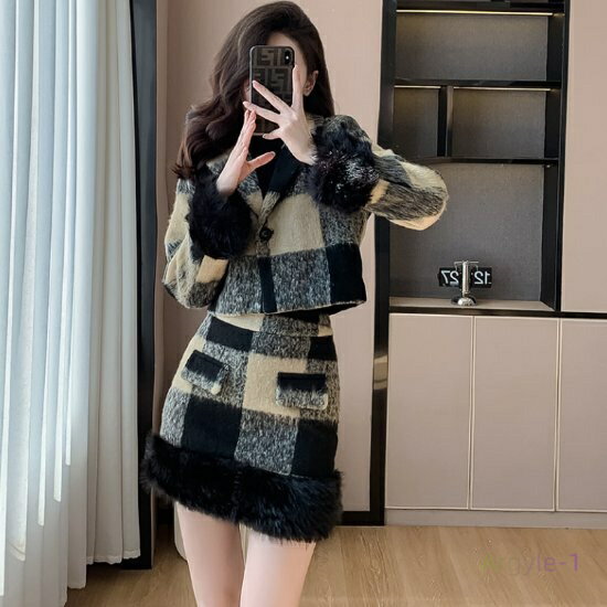 スカートスーツ レディース セットアップ 2点セット 上下セット ツーピース チェック柄 ショート丈ジャケット ミニスカート ファートリム カジュアル きれいめ...