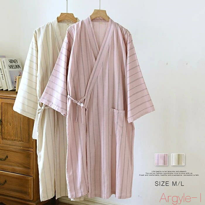 【送料無料】ガーゼ ルームウェア 部屋着 ワンピース ストライプ パジャマ レディース メンズ 春 秋 綿 前開き ペア カップル ガーゼ 2重ガーゼ ロング ...