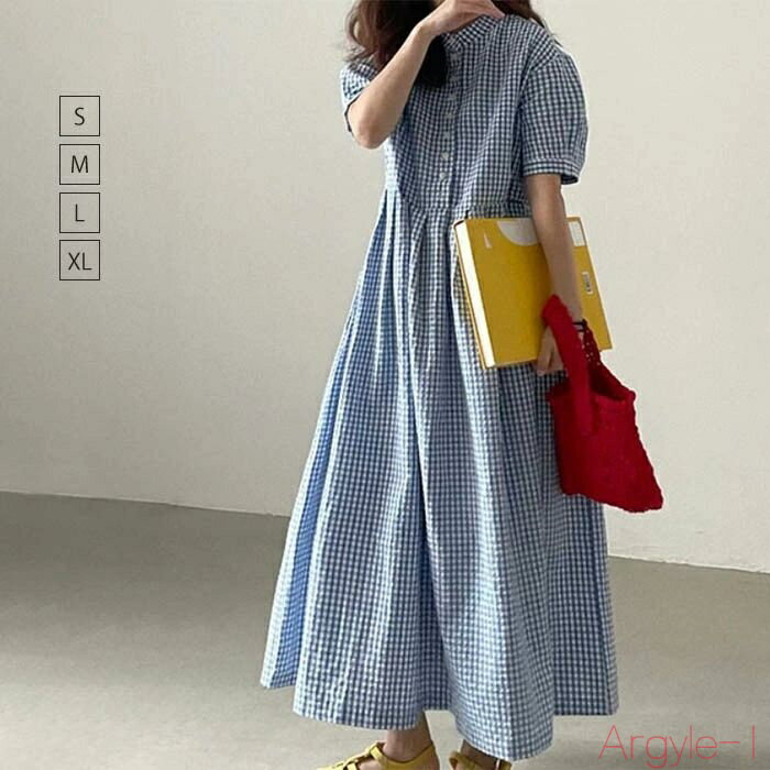【送料無料】ワンピース レディース シャツワンピース 半袖 夏 ロングワンピース ロング チェック パフスリーブ 半袖ワンピース 切り替え フレア 春 夏 フレアワンピース Aラ