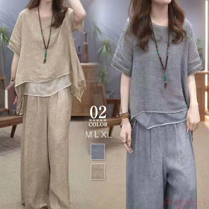【送料無料】綿麻風 セットアップ レディース カジュアル 夏 ロング丈パンツ Tシャツ 半袖 夏 ワイドパンツ 半袖tシャツ スラックス 体型カバー ゆったり 上下セット 2点セッ