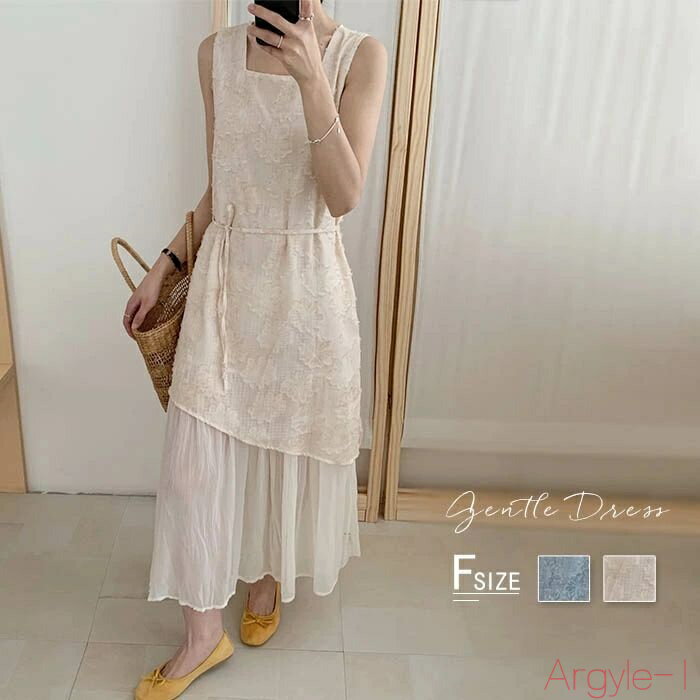 【送料無料】異素材 ワンピース きれいめ ノースリーブ レディース ロング丈 花柄 夏 韓国 タンクワンピース 切り替え スクエアネック アシンメトリー 涼しい 春夏 ナチュラ