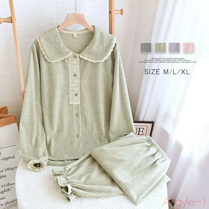 【送料無料】パジャマ レディース ルームウェア パンツ 秋 冬 レース フリル 無地 春 秋冬 切り替え 異素材 前開き 長袖 2点セット ナイト 寝間着 寝巻き 上下セット 前開き(4)