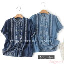 【送料無料】シャツ デニムシャツ レディース 半袖 刺繍 バンドカラー リヨセル 柄シャツ 薄手 涼感 春 夏 涼しい オフィス ゆったり 着回し きれいめ 半...