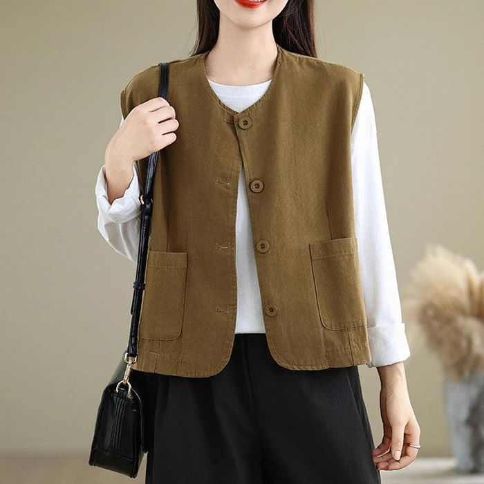 【送料無料】リネン ベスト ジレ レディース 夏 綿麻 ベスト コットン ジレ ノースリーブ レイヤード 前開き 無地 トップス ショート丈 レディースジレ ポ...