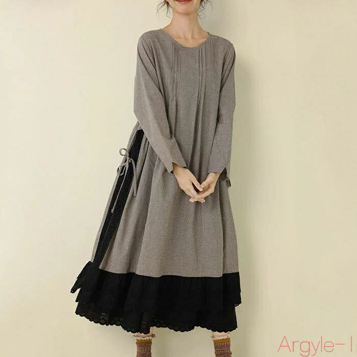 【送料無料】ギンガムチェック ワンピース 長袖 ロングワンピース 秋 チェック柄 ロングワンピ ゆったり 綿 レイヤード風 ミモレ丈ワンピース ナチュラル 大人...