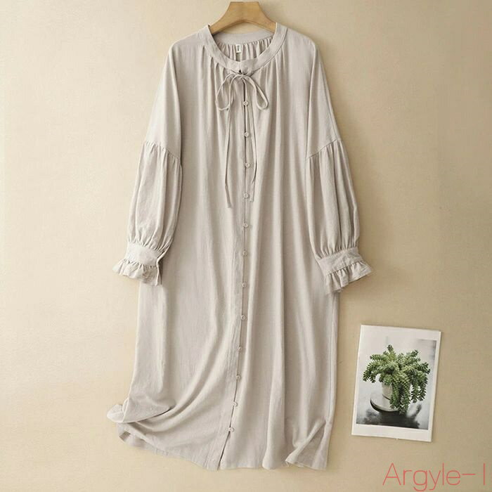 【送料無料】シャツワンピース 長袖 ワンピース レディース 袖フリル 綿麻 春 秋 ロングワンピース シャツワンピ ポケット付き Aライン ミモレ丈 大きいサイ...