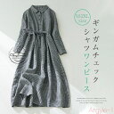 【送料無料】シャツワンピース レディース ギンガムチェック ワンピース 長袖 ロングワンピース 春秋 シャツワンピ 綿麻風 ロングワンピ チェック ミモレ丈 A...