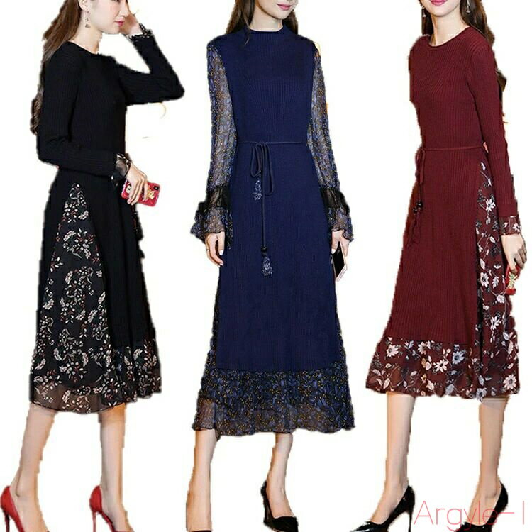 【送料無料】ワンピース レディース 40代 20代 春秋 長袖 きれいめ ニットセーター ロング丈 花柄 大きいサイズ パーティードレス 韓国風 着痩せ OL ...