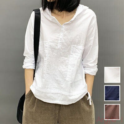 【送料無料】麻 リネン混 トップス レディース ブラウス きれいめ カジュアル おしゃれ 薄手 カットソー コットン シャツ 可愛い シンプル 長袖 フーディー ヘンリーネック