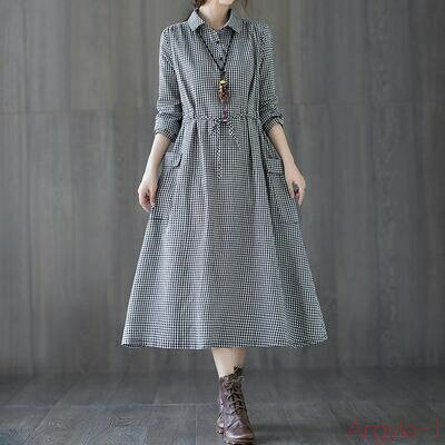 【送料無料】リネン ワンピース ナチュラル 長袖 薄手 涼しい コットン リネン混 綿 麻 ギンガムチェック 体型カバー ゆったり リラックス 春 夏 春夏 ミ...