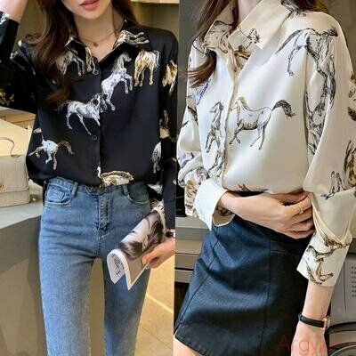 【送料無料】トップス レディース ブラウス きれいめ カジュアル シャツ おしゃれ 馬柄 カットソー アニマル柄 総柄 こなれ感 お出かけ 体型カバー 韓国 コーデ ベージュ ホ