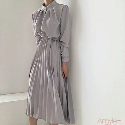 【送料無料】ワンピース カジュアル ロング丈 袖あり パフスリーブ おしゃれ レディース ドレス 七分袖 スタンドカラー クラシック オフィス 女子会 エレガン...