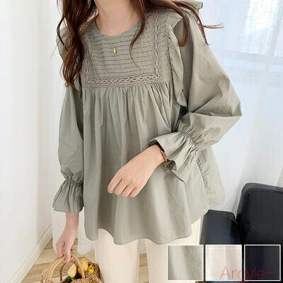 【送料無料】トップス レディース きれいめ カジュアル おしゃれ 薄手 カットソー 袖あり 長袖 綿 ブラウス シャツ コットン ティアード 上品 韓国 コーデ ホワイト 白 グリ