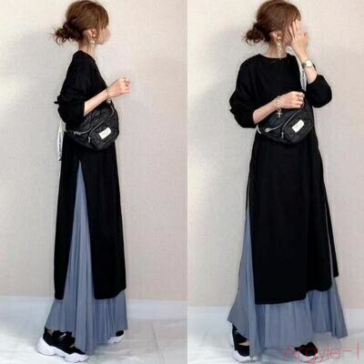 【送料無料】セットアップ 2点セット ワンピース ロングスカート Tシャツワンピ シフォンスカート レディース 長袖 きれいめ カジュアル おしゃれ フェミニン...