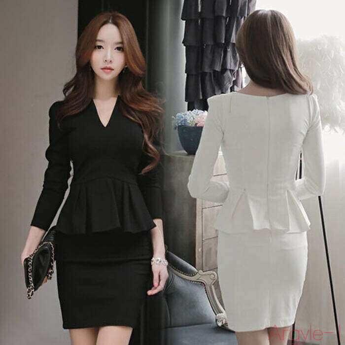 【送料無料】パーティー ワンピース 袖あり ペプラム ショート丈 レディース ワンピ ドレス 長袖 タイト きれいめ Vネック 二次会 フォーマル セレモニー ...