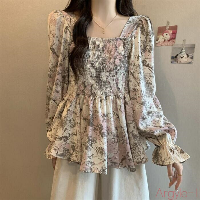 【送料無料】トップス ブラウス カットソー シャツ プルオーバー スクエアネック プリント シャーリング エレガント レディース 大人 可愛い きれいめ カジュアル フェミニン