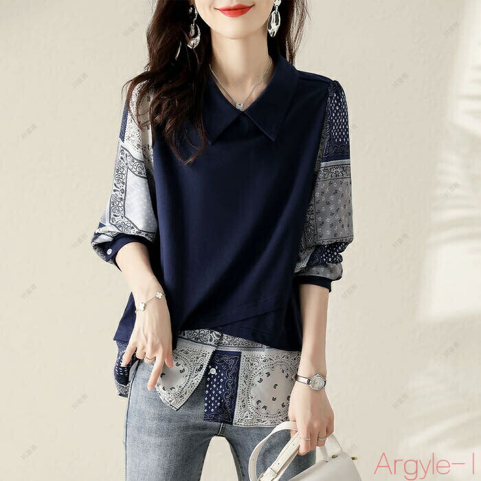 【送料無料】トップス シャツ ブラウス レイヤード風 切り替え レディース きれいめ カジュアル おしゃれ 長袖 大人 可愛い ゆったり 襟付き 体型カバー パッチワーク プリン