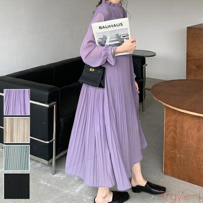 【送料無料】ワンピース レディース 春 夏 秋 プリーツ シフォン ロング きれいめ カジュアル ワンピ 袖あり 長袖 大人可愛い パープル 紫 アプリコット ...