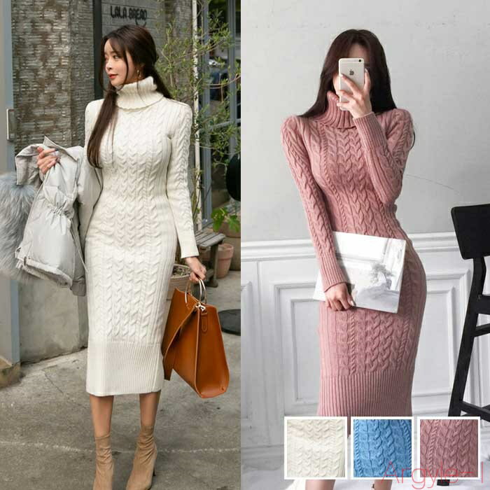 【送料無料】ニット ワンピース ロングワンピ ケーブル編み タートルネック エレガント きれいめ カジュアル ミモレ丈 レディース ドレス スリム ピンク ホワ...