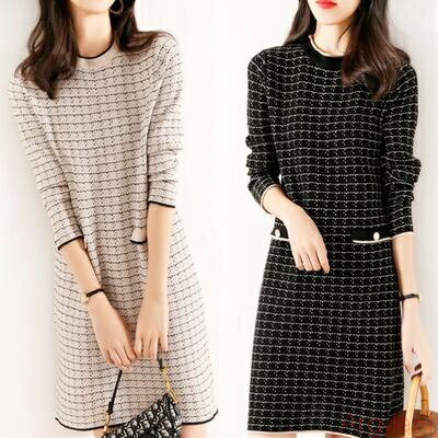 【送料無料】ウール混 ニット ワンピース ひざ丈ワンピ チェック クルーネック エレガント きれいめ カジュアル ミモレ丈 レディース ドレス オフィス お呼ば...