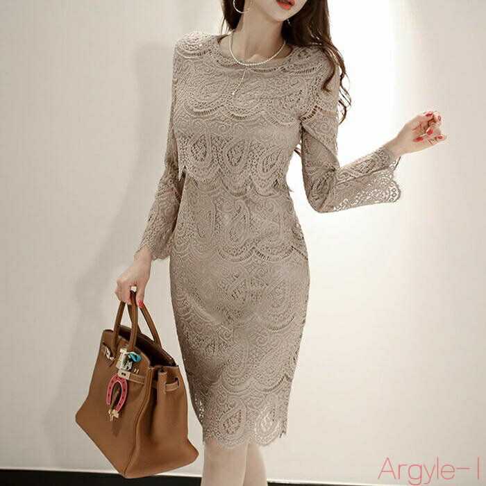 【送料無料】結婚式 入学式 パーティー ワンピース フォーマル レース エレガント ロングワンピ 袖あり ミモレ丈 きれいめ レディース ワンピ ドレス 透け感...