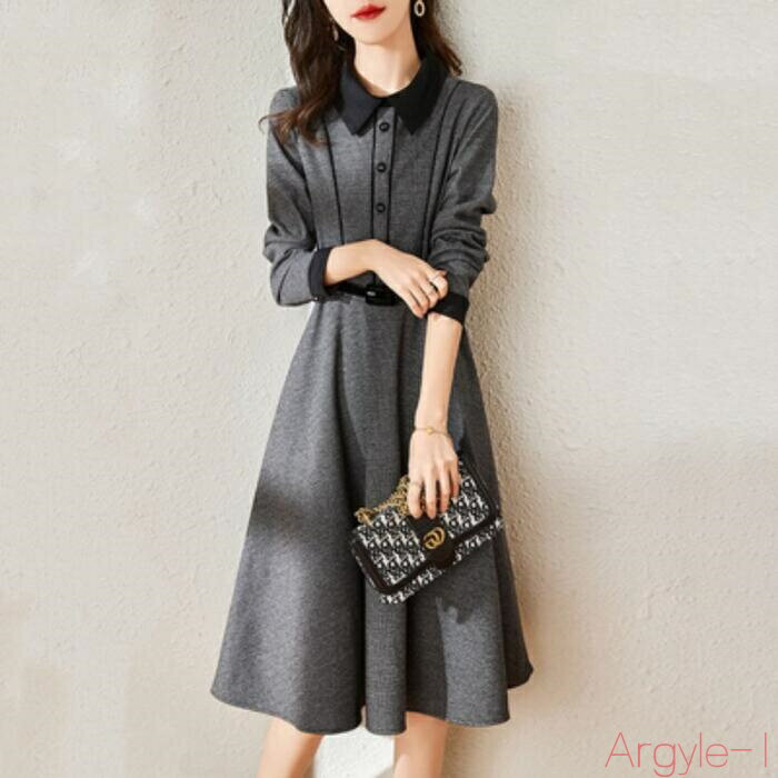 【送料無料】ワンピース ハイウエスト ひざ丈 襟付き きれいめ カジュアル エレガント 長袖 レディース ドレス Aライン フレア 配色 お呼ばれ オフィス ブ...