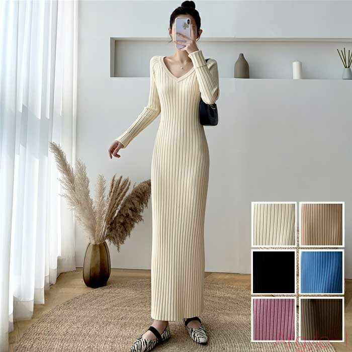 【送料無料】ワンピース レディース 春 秋 冬 ロング ニット ワンピ きれいめ カジュアル ロング丈 長袖 大人可愛い ドレス スリム ベージュ ブラック 黒...
