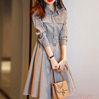 【送料無料】ワンピース きれいめ カジュアル フェミニン 袖あり ドレス 結婚式 お出かけ エレガント レディース ウエストマーク ひざ丈 カーキ チェック 襟...