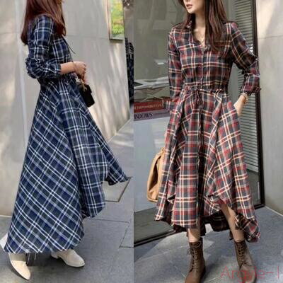 【送料無料】ワンピース チェック柄 カジュアル 袖あり ミモレ丈 シャツワンピ 長袖 アシンメトリー おしゃれ レディース 可愛い フェミニン ワンピ ドレス ...
