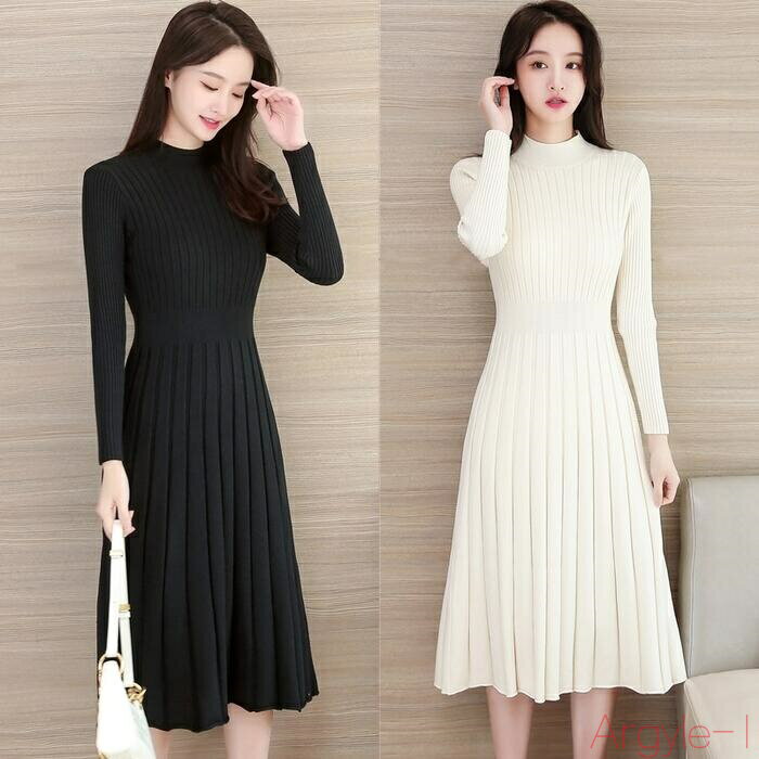 【送料無料】ニット ワンピース ロングワンピ ミモレ丈 ひざ丈 きれいめ カジュアル レディース ドレス 長袖 ハイウエスト 切り替え ハイネック レッド 赤 ...