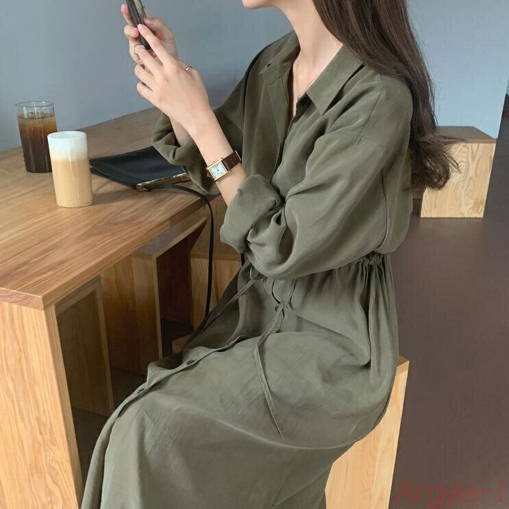 【送料無料】ワンピース きれいめ 袖あり カジュアル レディース ロング丈 ワンピ とろみ ロング シャツワンピ マキシ丈 脚長効果 カーキ アーミーグリーン ...