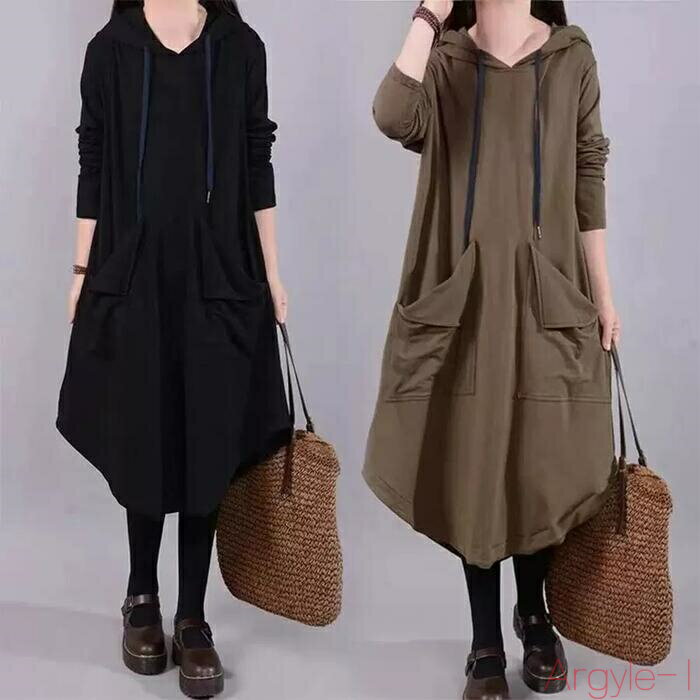 【送料無料】ワンピース ワンピ ドレス 袖あり フード パーカー プルオーバー レディース きれいめ カジュアル 長袖 大人 可愛い フェミニン ミモレ丈 シン...