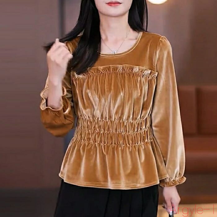 【送料無料】トップス シャツ ブラウス ベロア シャーリング エレガント レディース 大人 可愛い きれいめ カジュアル フェミニン ペプラム 長袖 パフスリーブ 上品 オケージ