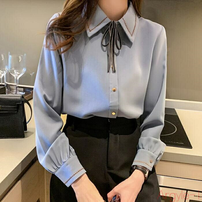 【送料無料】トップス シャツ ブラウス リボン ボウタイ ステッチ レディース エレガント きれいめ カジュアル 長袖 大人 可愛い フェミニン 体型カバー ナチュラル 通勤 オ