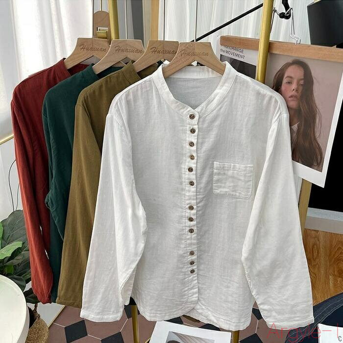 【送料無料】トップス シャツ ブラウス 綿麻 コットン リネン エレガント レディース 大人 可愛い きれいめ カジュアル フェミニン バンドカラー ナチュラル シンプル グリー