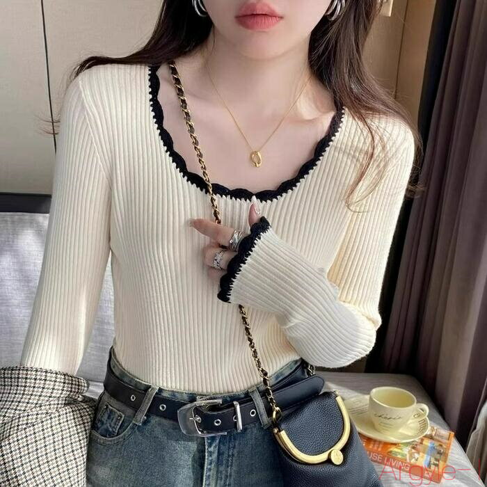 【送料無料】トップス カットソー ニット インナー Tシャツ エレガント レディース 大人 可愛い きれいめ カジュアル フェミニン 長袖 配色 シンプル タイト リブ ベージュ