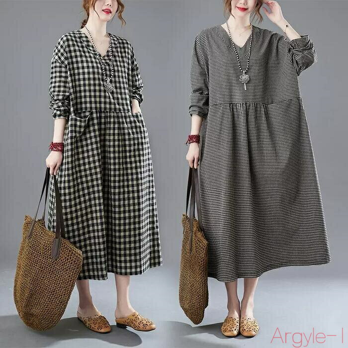 【送料無料】ワンピース ワンピ ドレス 袖あり ギンガムチェック チェック 綿麻 リネン混 コットンリネン レディース きれいめ カジュアル 長袖 大人 可愛い...