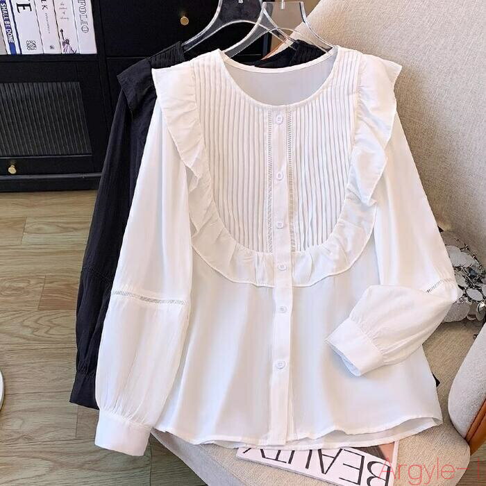 【送料無料】トップス シャツ ブラウス フリル ラッフル ピンタック レディース エレガント 大人 可愛い きれいめ カジュアル フェミニン 長袖 ナチュラル パフスリーブ 体型