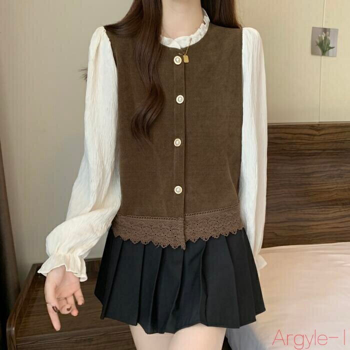 【送料無料】トップス シャツ ブラウス異素材ミックス レイヤード風 レディース エレガント 大人 可愛い きれいめ カジュアル フェミニン 長袖 パフスリーブ クラシカル ショ