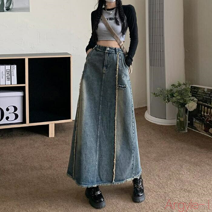 【送料無料】ボトムス スカート デニム フレアスカート レディース きれいめ カジュアル ロング丈 フリンジ 大人 可愛い フェミニン シンプル ヴィンテージ 体型カバー 大き