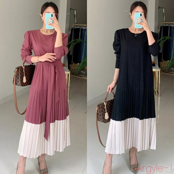 【送料無料】ワンピース ドレス 配色 切り替え 袖あり レディース きれいめ カジュアル ロング丈 プリーツ フレア 長袖 大人 可愛い Aライン ウエストリボ...