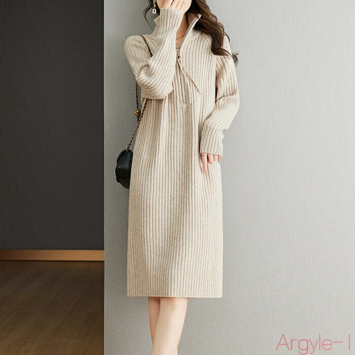 【送料無料】ワンピース ワンピ ドレス ニット タートルネック 袖あり リブ ハーフジップ レディース きれいめ カジュアル 大人 可愛い 長袖 ひざ丈 イエロ...