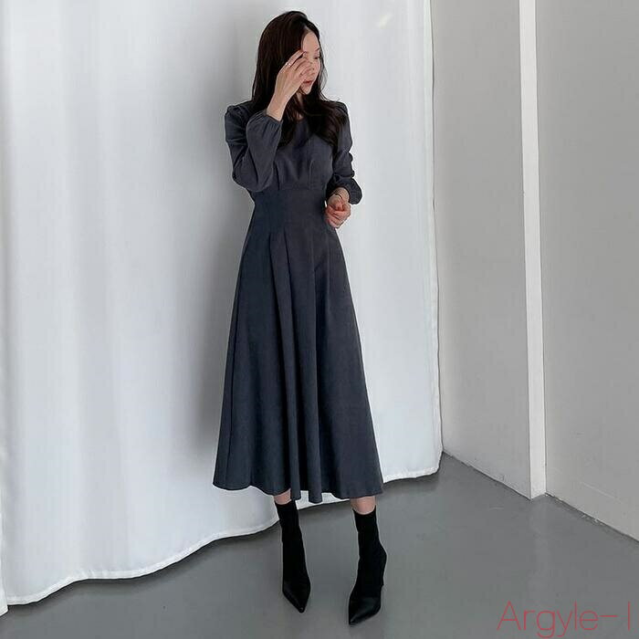 【送料無料】ワンピース ドレス 袖あり ウエストタック レディース エレガント きれいめ カジュアル ミモレ丈 ロングワンピ 長袖 フェミニン パフスリーブ リ...