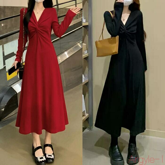 【送料無料】ワンピース ワンピ ドレス 袖あり ツイスト レディース エレガント きれいめ カジュアル 長袖 大人 可愛い フェミニン ミモレ丈 ロングワンピ ...