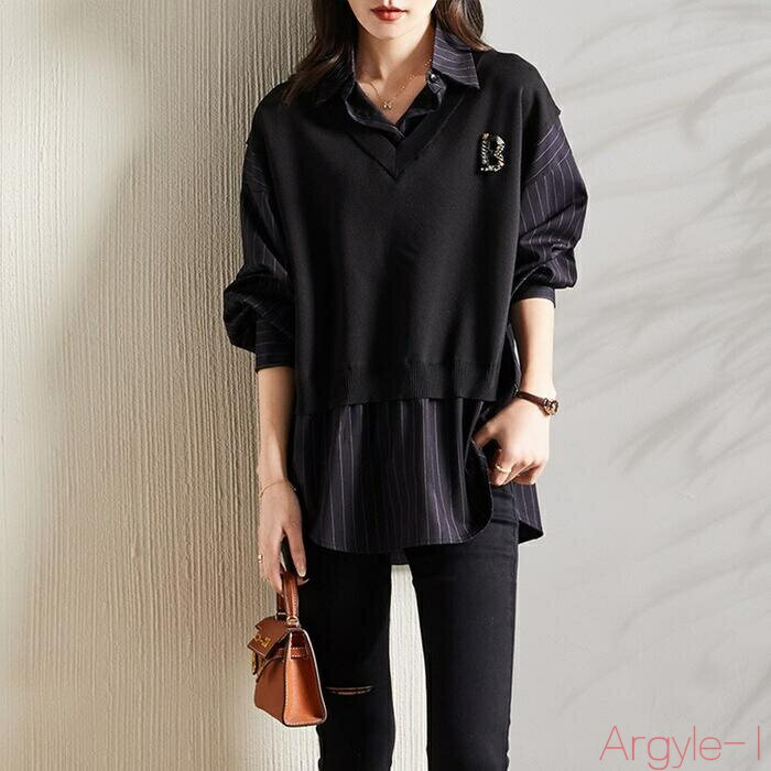 【送料無料】レイヤード トップス シャツ ブラウス ニット ストライプ エレガント レディース 大人 可愛い 長袖 きれいめ カジュアル フェミニン 上品 重ね着 通勤 オフィス