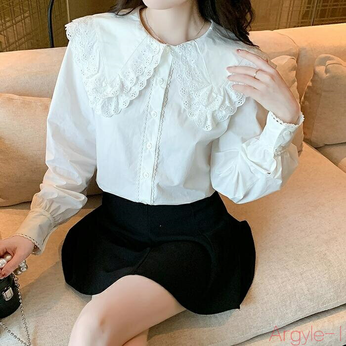 【送料無料】ビッグカラー トップス レース シャツ ブラウス レディース エレガント 大人 可愛い きれいめ カジュアル フェミニン 長袖 ガーリー ナチュラル ダブルカラー シ