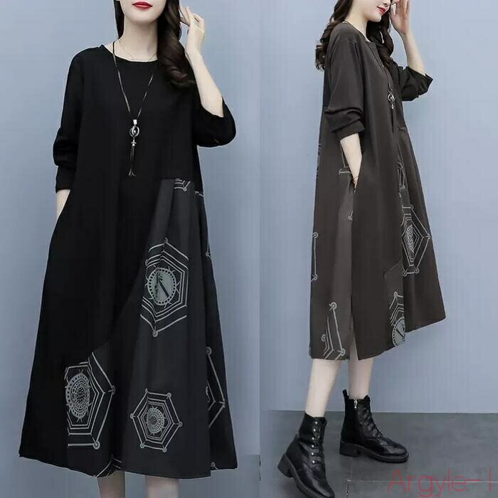 【送料無料】ワンピース ワンピ ドレス 袖あり 切り替え プリント アシンメトリー プリーツ レディース エレガント きれいめ カジュアル 長袖 大人 可愛い ...