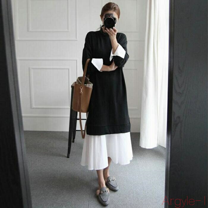 【送料無料】レイヤード風 ワンピース ニット シャツワンピ 重ね着 ドレス ワンピ 袖あり レディース きれいめ カジュアル ミモレ丈 長袖 大人 可愛い 楽ち...